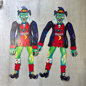 PAIR of Vintage 24in Jointed Witch Halloween Diecut Scary Vampire Black Bat
